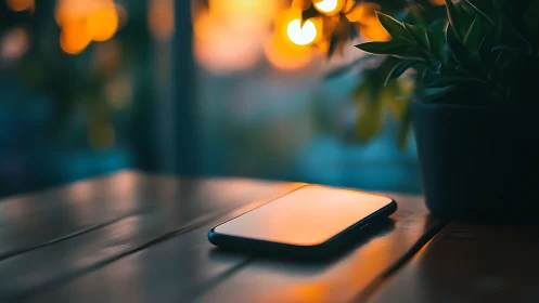 Smartphone Illuminated by Golden Hour Light on Wooden Surface.