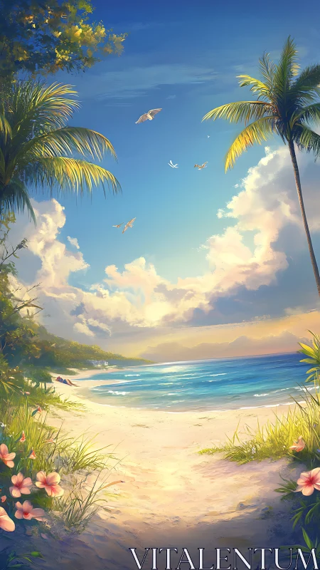 Tropical Beach Paradise with Palm Trees and Turquoise Waters