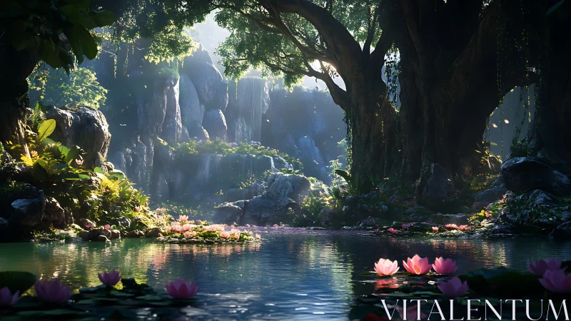 Enchanted jungle lagoon renders luminous lilies and cascades