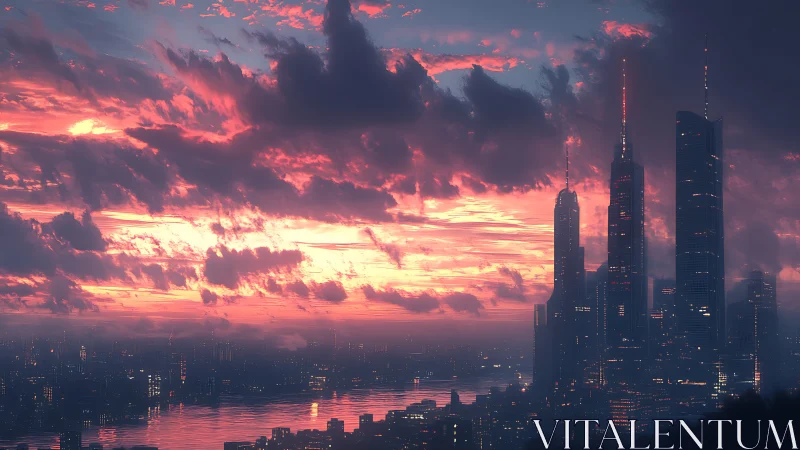 Neon river city under blazing magenta sunset sky