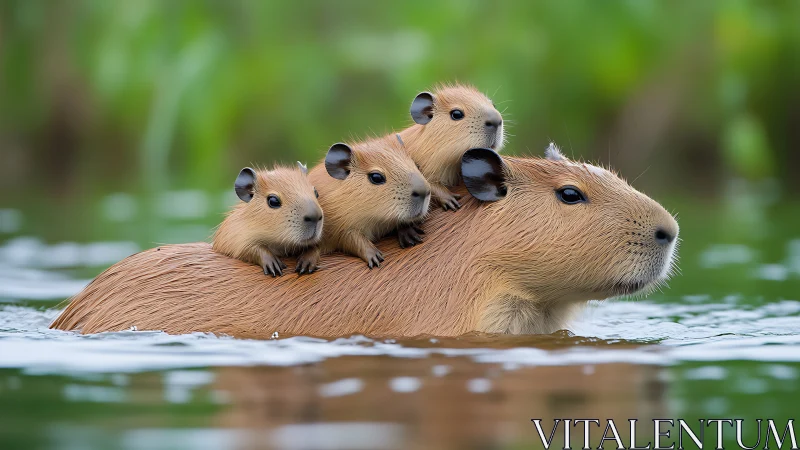 Capybara mother ferries three pups across calm wetland.