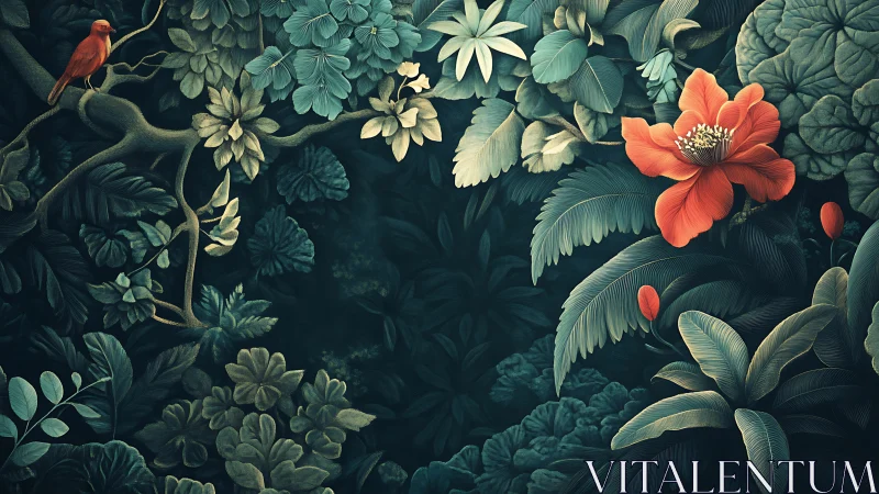 Verdant jungle foliage with single red flower focal point.