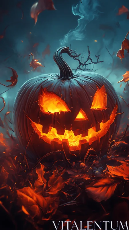 Glowing jack-o’-lantern grinning through a wild autumn night.