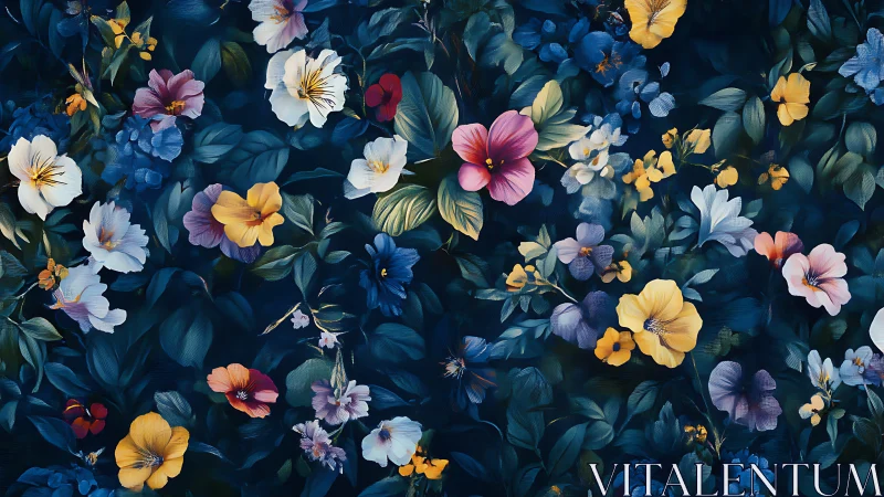 Richly Colored Floral Pattern Over Dark Blue Background.