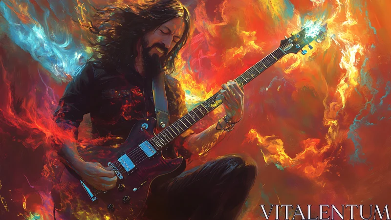 Electric guitarist surrounded by abstract fiery color fields.