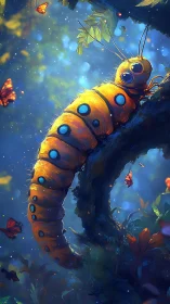 Luminescent arboreal caterpillar in bioluminescent forest scene.