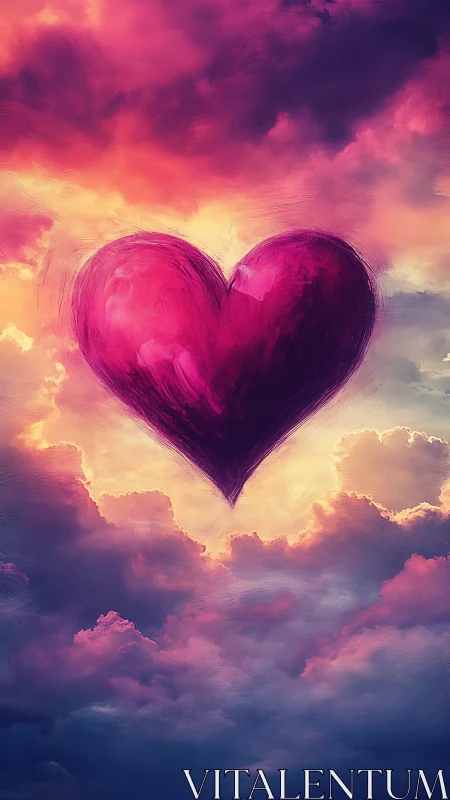 Heart shape rendered against dramatic cloud formations and gradient atmosphere