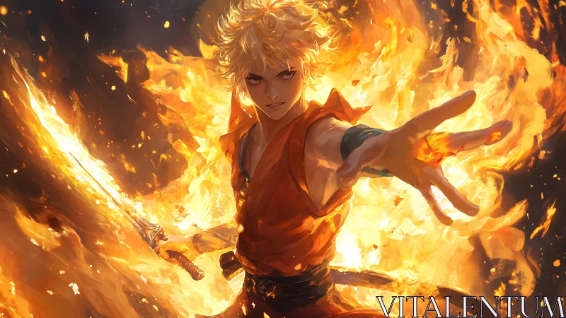 Anime warrior commands a flaming sword in explosive inferno field