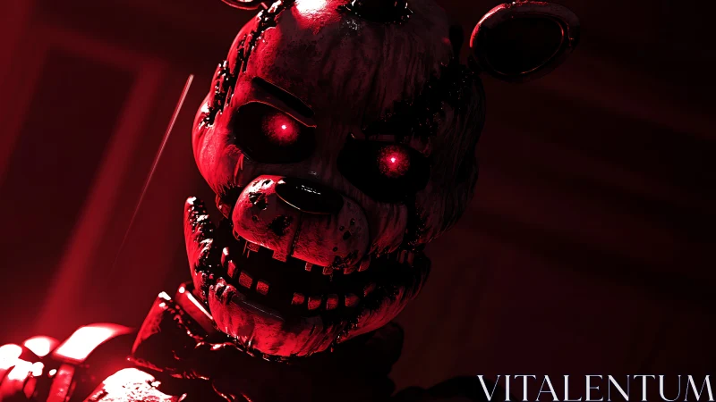 Red-lit damaged animatronic bear head in close-up view.