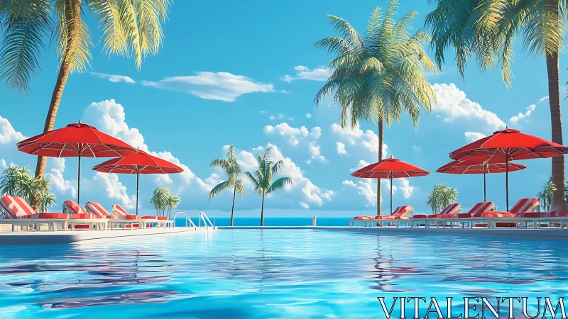 Infinity pool under red umbrellas overlooks serene tropical sea