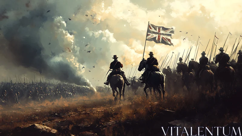 Storm-swept cavalry advance beneath tattered Union Jack banner.