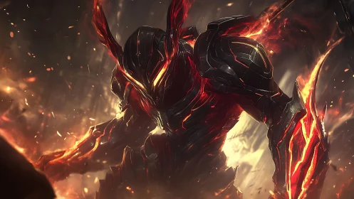 Molten armor warrior rising from swirling embers of battle.