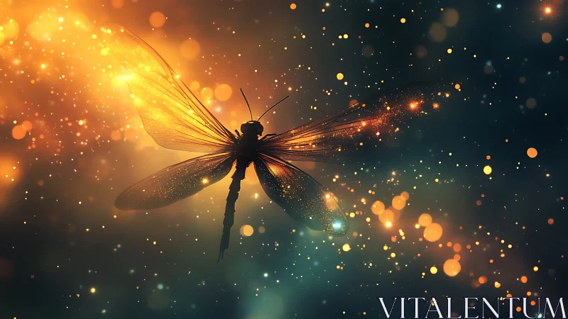 Golden firefly dragonfly drifting through glowing night sky.