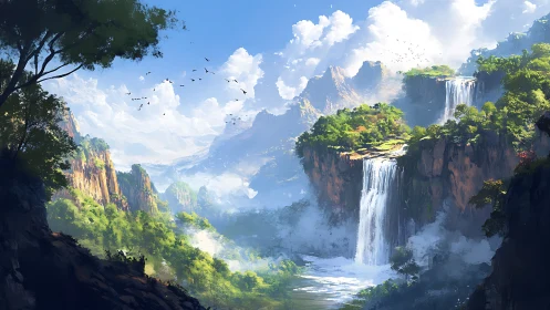 Sunlit cliffside waterfalls in a dreamlike green valley.