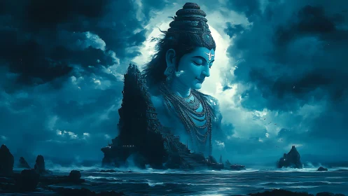 Monochrome teal seascape shows monumental deity above temple