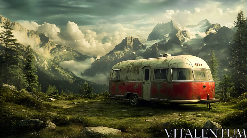Weathered red travel trailer in high alpine conifer valley