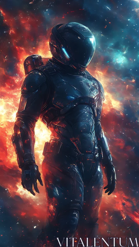 Lone futuristic astronaut walks through blazing cosmic fire