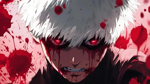 White‑haired antihero blazing with crimson fury and resolve.