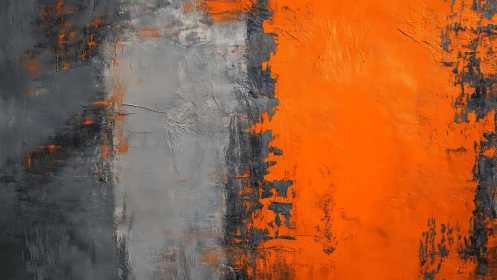 Bold abstract painting with textured gray and orange color blocks.