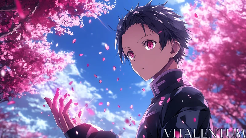 Chromatic anime portrait beneath dynamically lit sakura canopy.