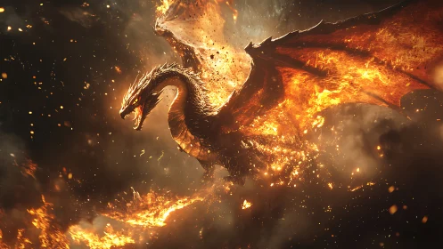 Inferno-winged dragon erupting from storming ember clouds.