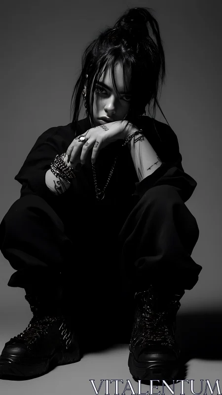 Monochrome studio portrait of seated person in dark clothing.