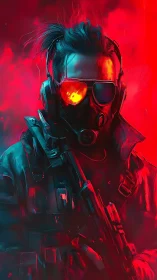 Masked cyber soldier with rifle in red neon haze.