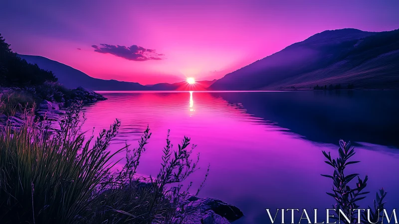 Vibrant magenta sunset illuminates tranquil mountain lake