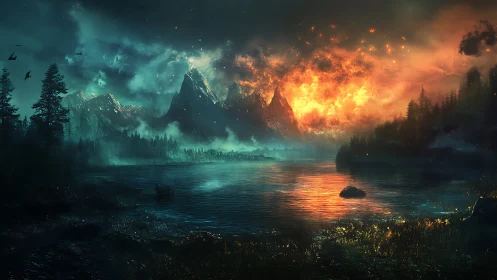 Volcanic firestorm crowns misty mountains above still lake.