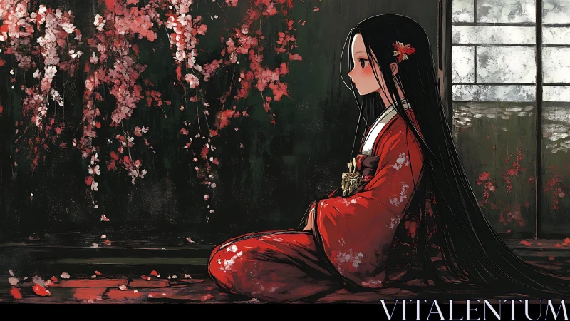 Kimono-clad girl in profile anchors a sakura-toned anime tableau