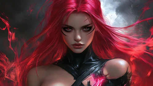 Scarlet storm sorceress crowned in moonlit embers.