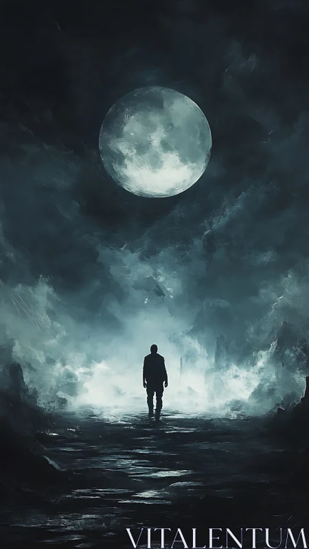 Solitary figure walks under full moon through misted void