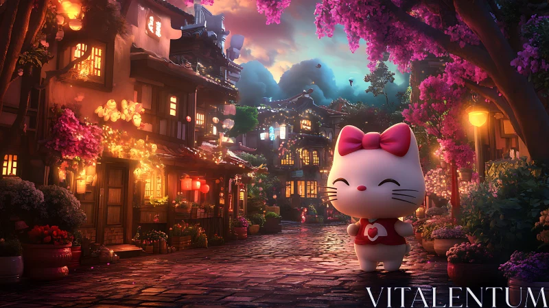 Cartoon cat character stands in lantern lit village street