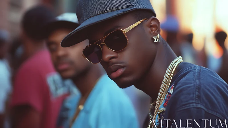 Man in sunglasses and cap looks at camera in street scene