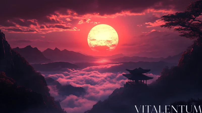 Crimson sun over misty mountains and distant temple.