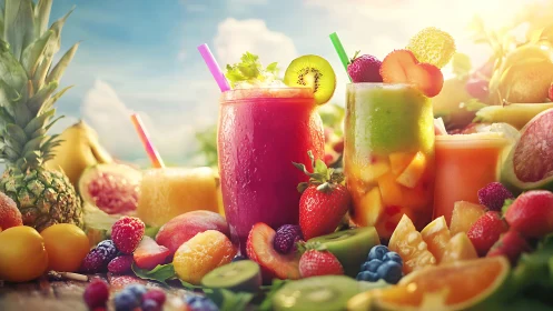 Sunlit symphony of tropical fruit smoothies in vivid bloom.