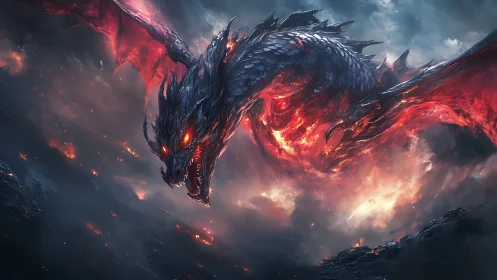Fiery dragon soars through stormy skies in blazing glory.