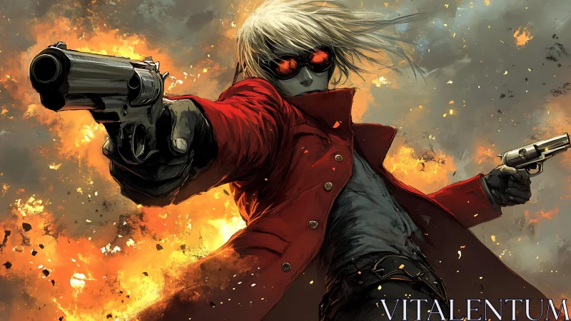 Gunslinger in crimson coat framed by explosive firestorm.