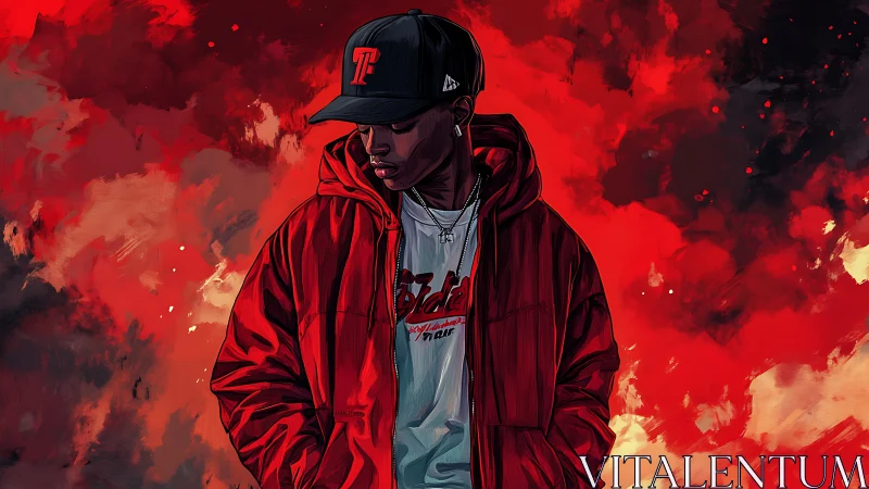 Street-lit dreamer drifts through a storm of painted fire