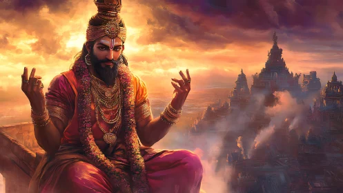 Seated crowned figure overlooks ornate temple city at dusk