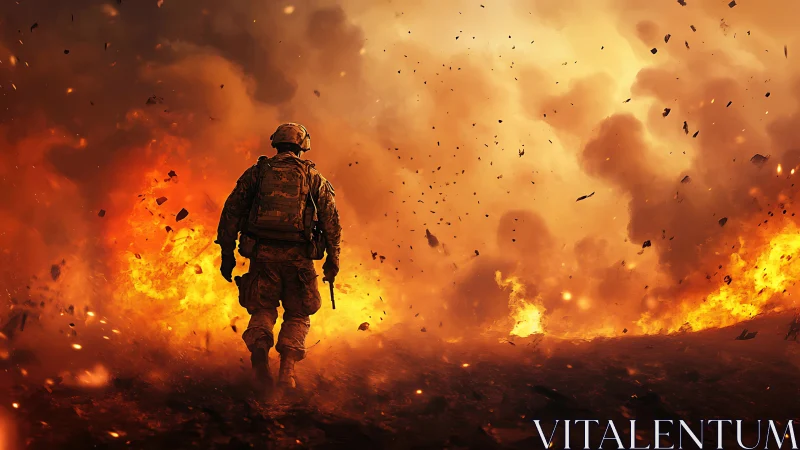 Soldier advances through inferno of explosions.