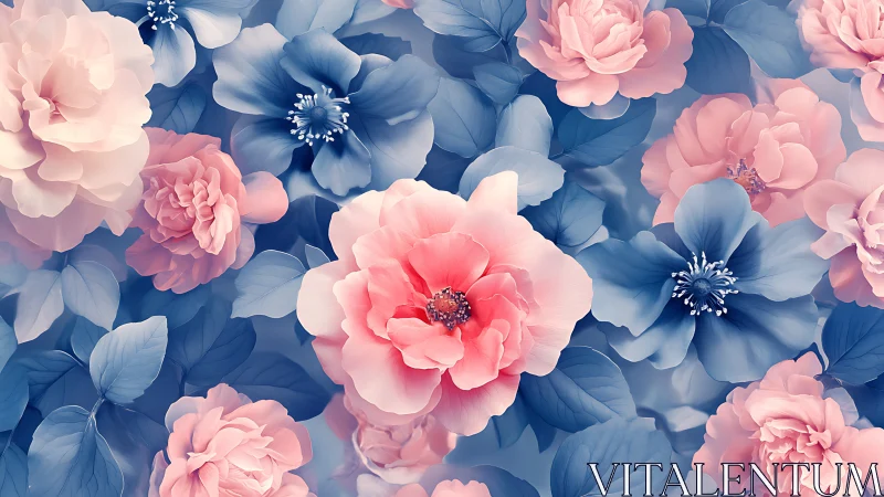 Pink and Blue Blooms Floral Arrangement Composition.
