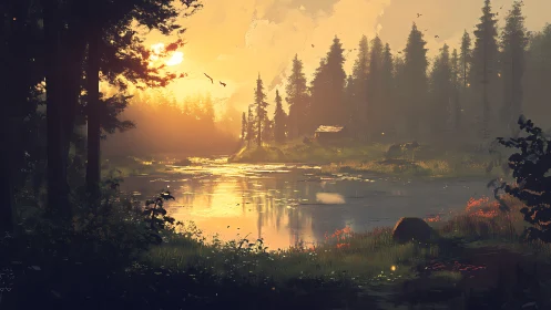 Gilded Wilderness: Dawn Breaks Over Misty Forest Waters.