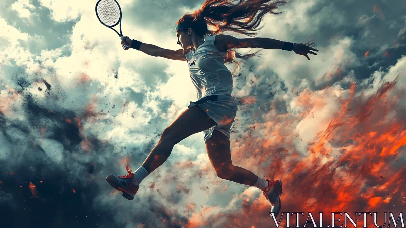 Tennis player soaring through storm and fire charged sky.