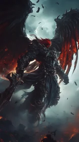 Armored winged warrior in fiery storm-filled battlefield.