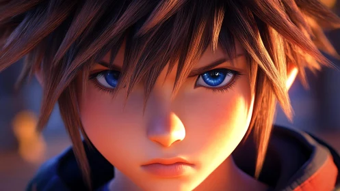 Intense blue eyed anime hero in close frontal focus.