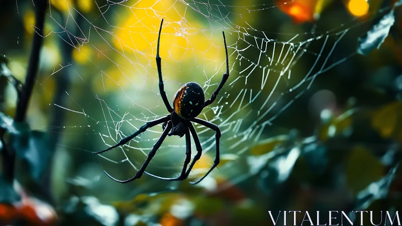 Spider hangs centered in dew-covered web against foliage background