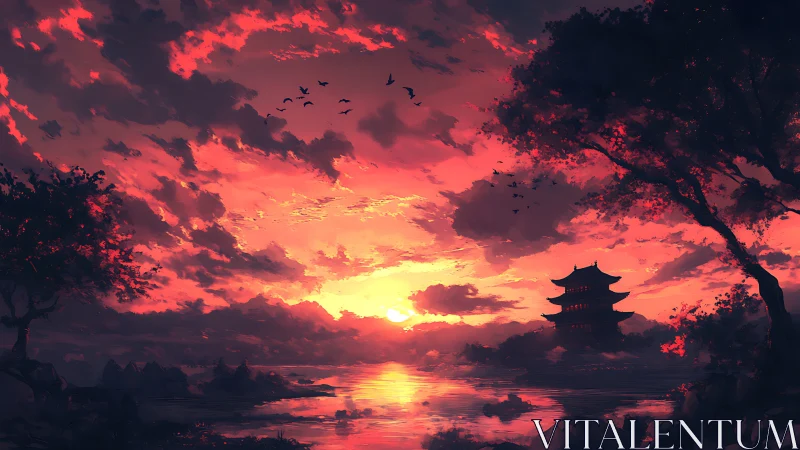 Radiant lakeside sunset embracing a quiet pagoda retreat.