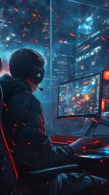 Night city pixels blur as the focused cyber gamer ascends