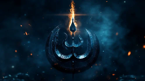 Fiery trident emblem rising through misty blue shadows.